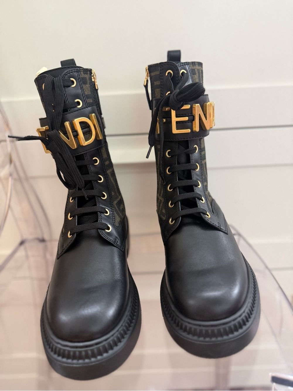 Fendi Black Fendigraphy Biker Boots With Gold Hardware - Picture 3 of 5